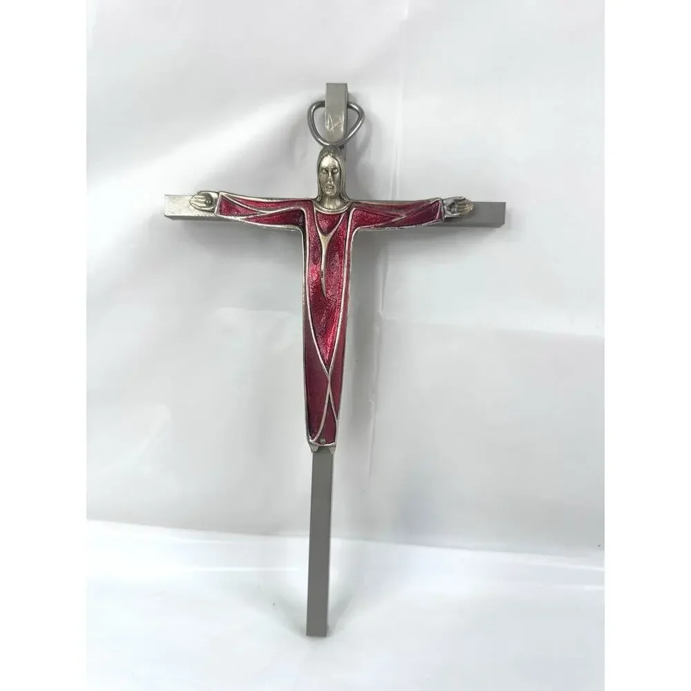 Cross Crucifix Jesus Christ Religious Christian Catholic Red Enamel Silver